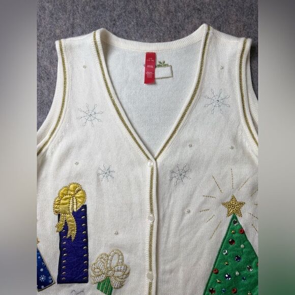 Holiday Christmas Ugly Sweater Vest Women's Large White Embellished Button Front - Picture 4 of 9